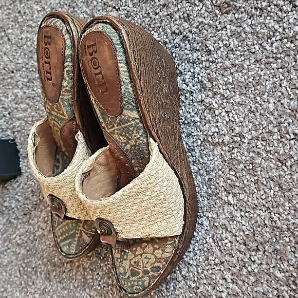 Born Woven Raffia & Patterned Blue-Tan Wedge Sandals - Picture 2 of 8